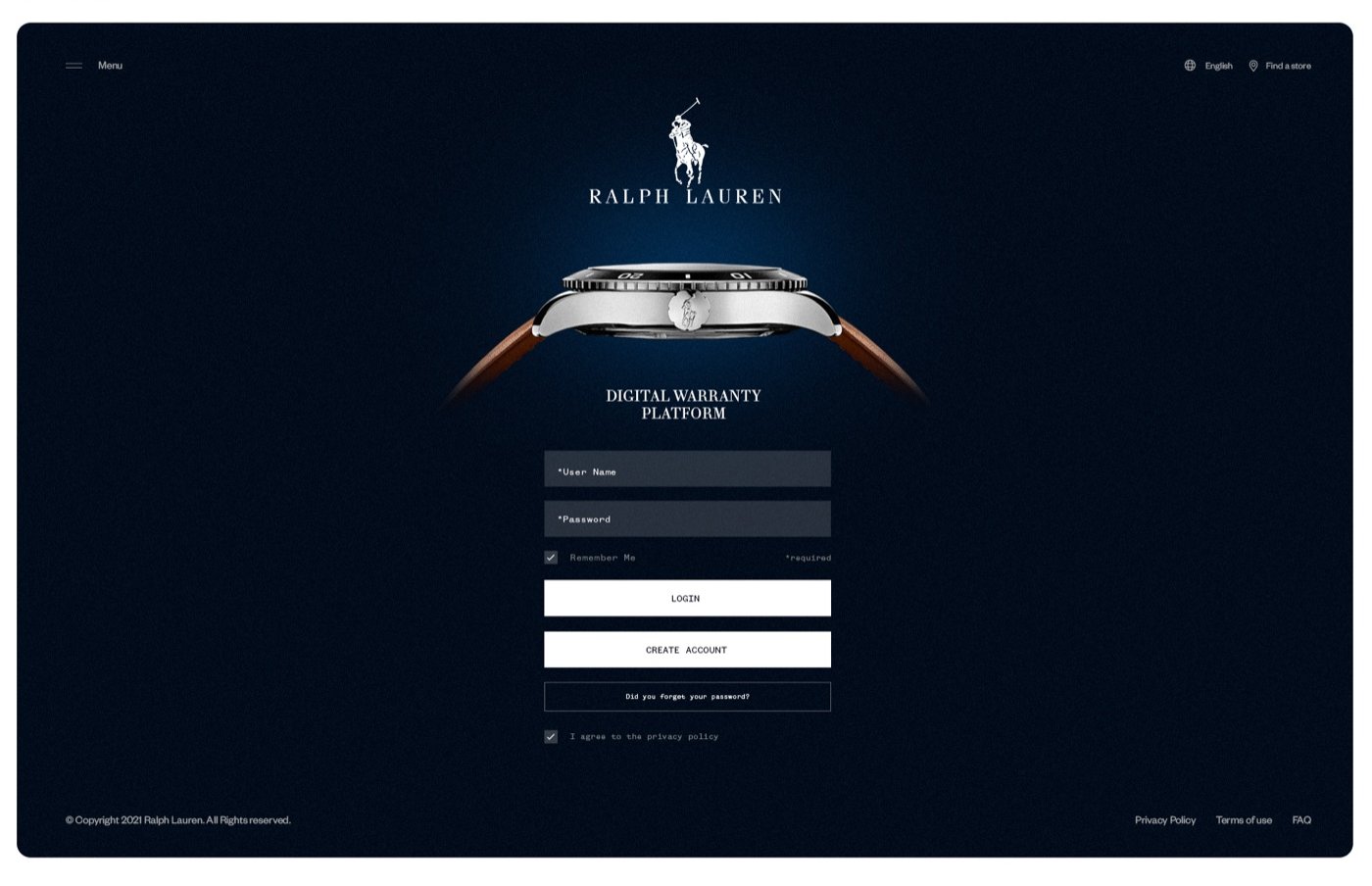 Ralph Lauren Digital Warranty Platform - login screen