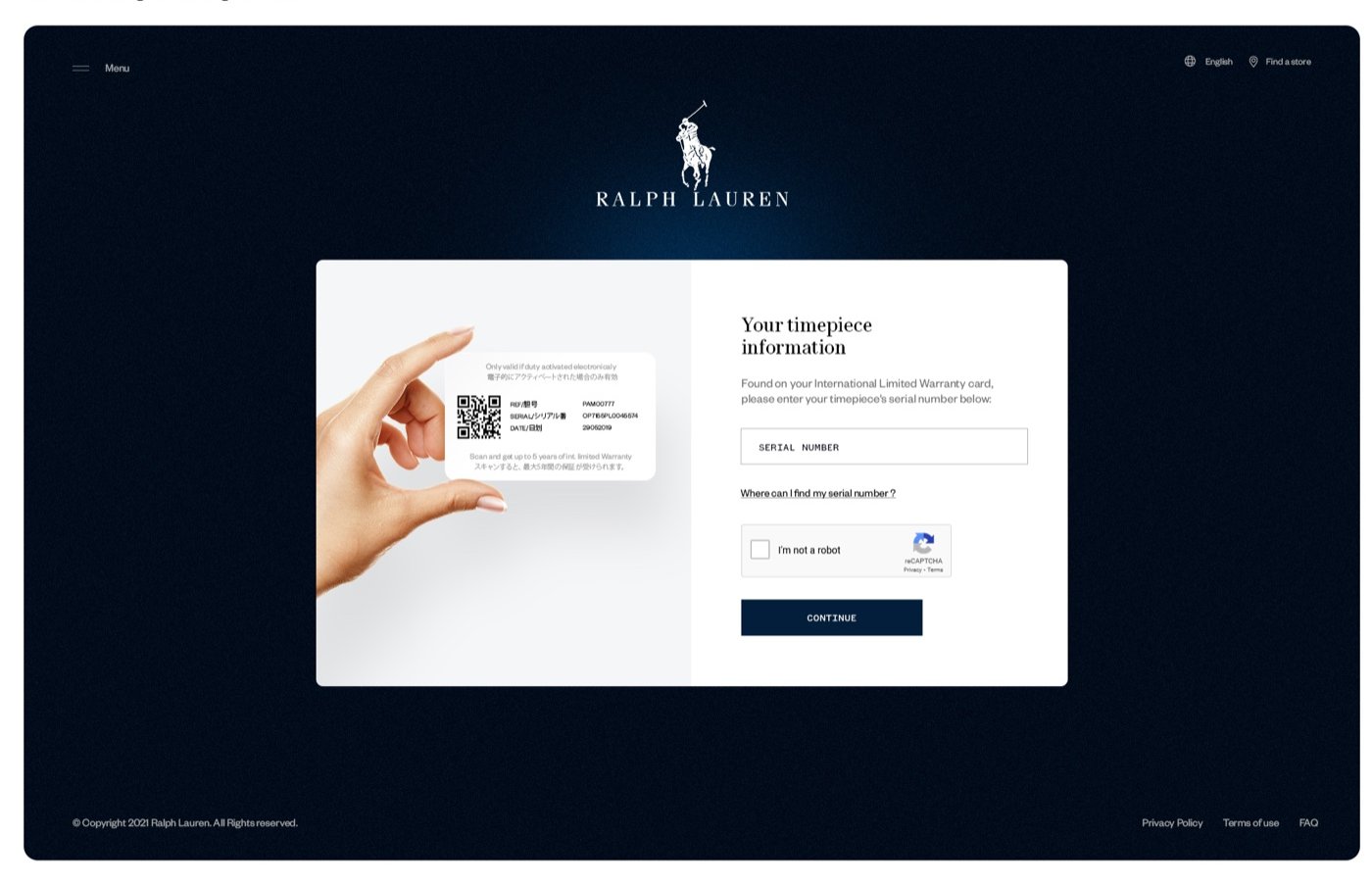 End-customer warranty registration - serial number + QR scan